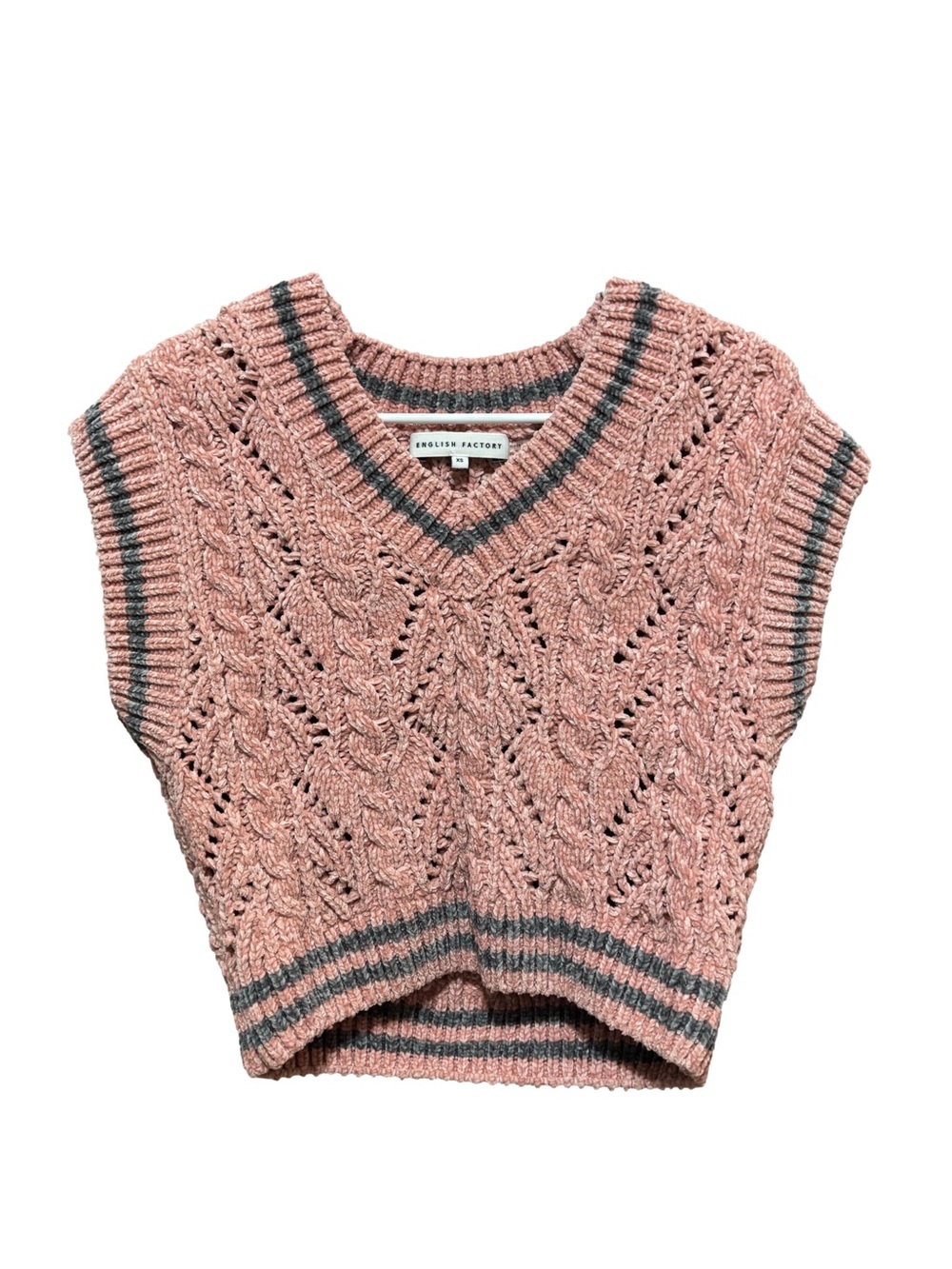 English Factory Rose Pink Cable Knit V-Neck Sweater Vest with Gray Trim